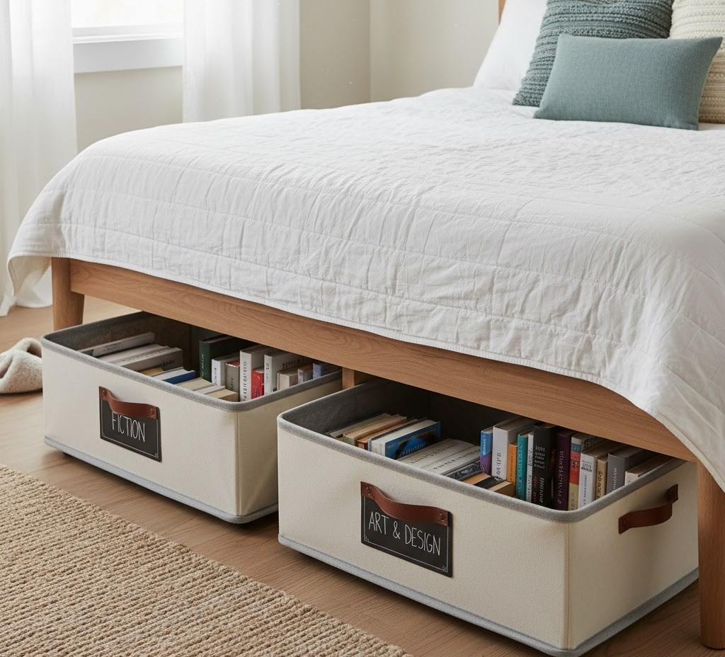 Fabric bins labeled “Fiction” and “Art & Design” filled with books stored neatly under bed.