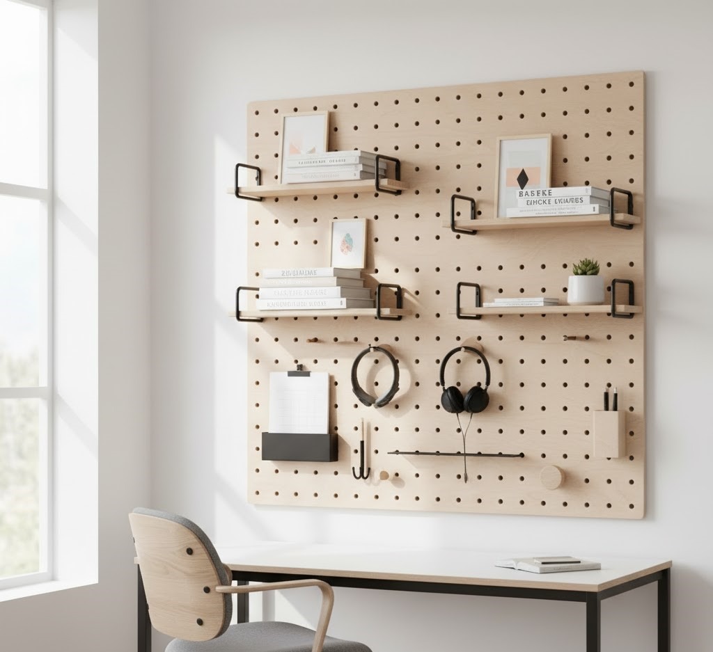 Wooden pegboard wall with small shelves, books, headphones, and décor above study desk.