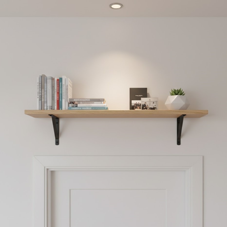 Wooden wall shelf above door holding stacked books, photos, and a small plant.