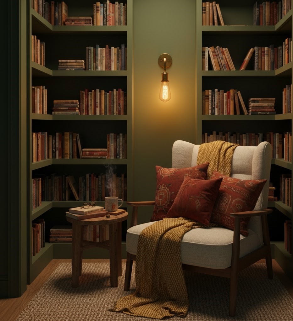 Cozy green reading nook with built-in bookshelves, warm lighting, and cushioned chair.