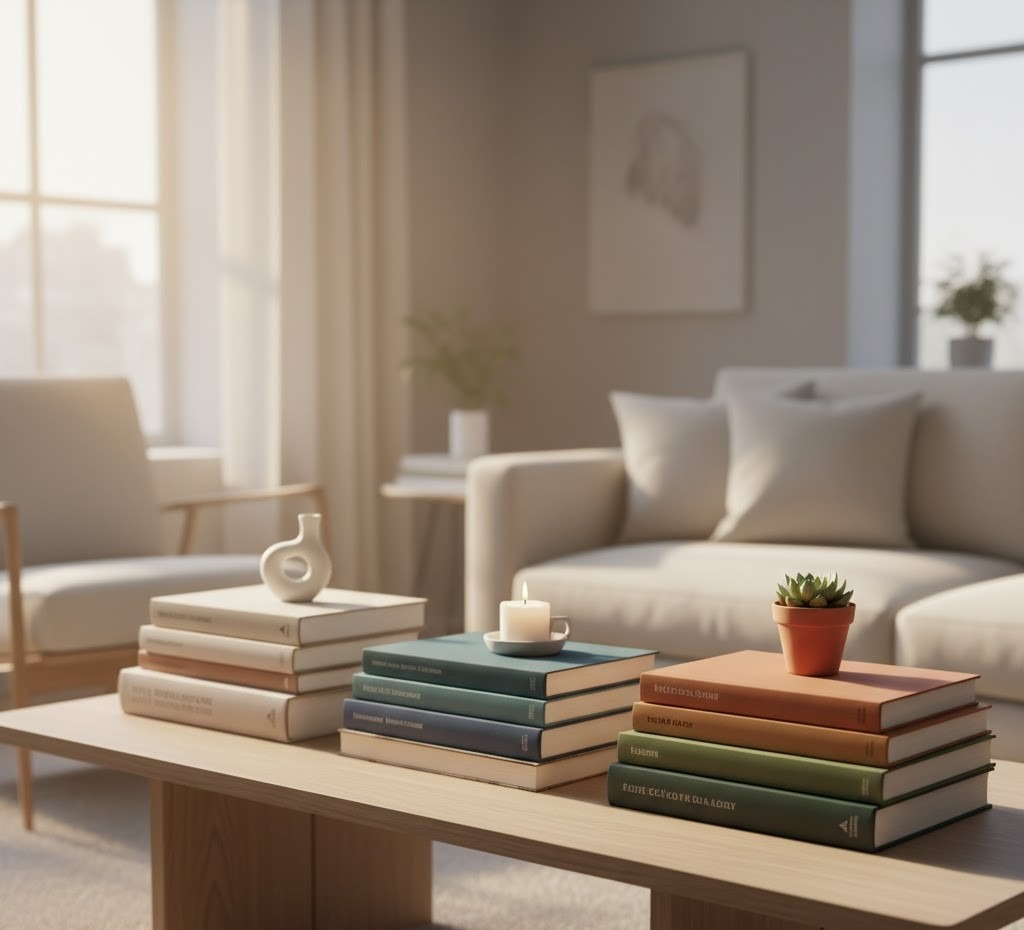 Neatly stacked books on coffee table decorated with candle and small potted plant.