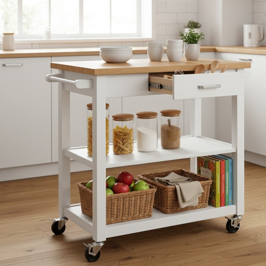 White kitchen cart with open drawer, bowls, glass jars, baskets, and cookbooks neatly arranged.