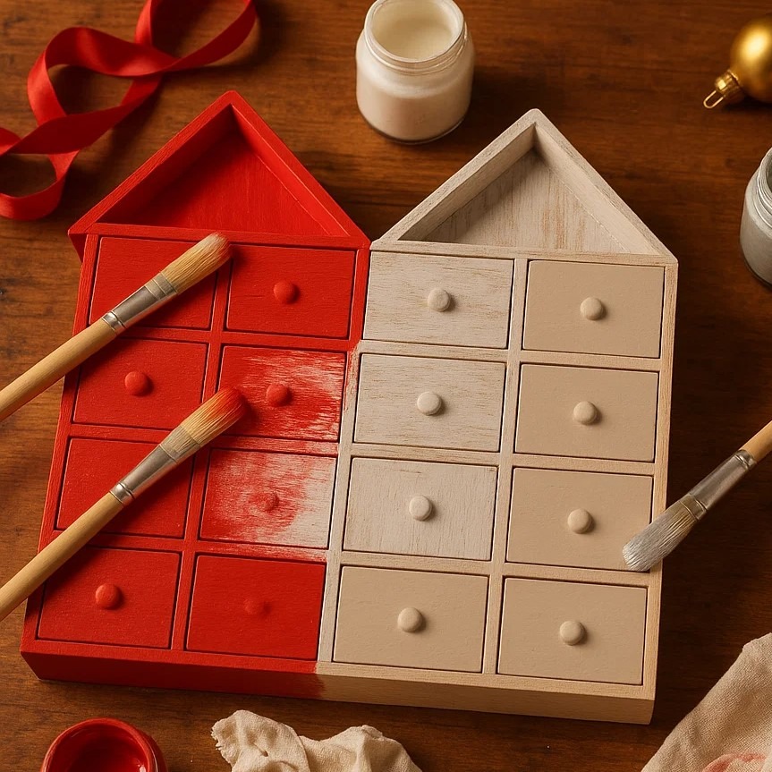 Two paintbrushes coloring wooden advent calendar drawers red and beige.
