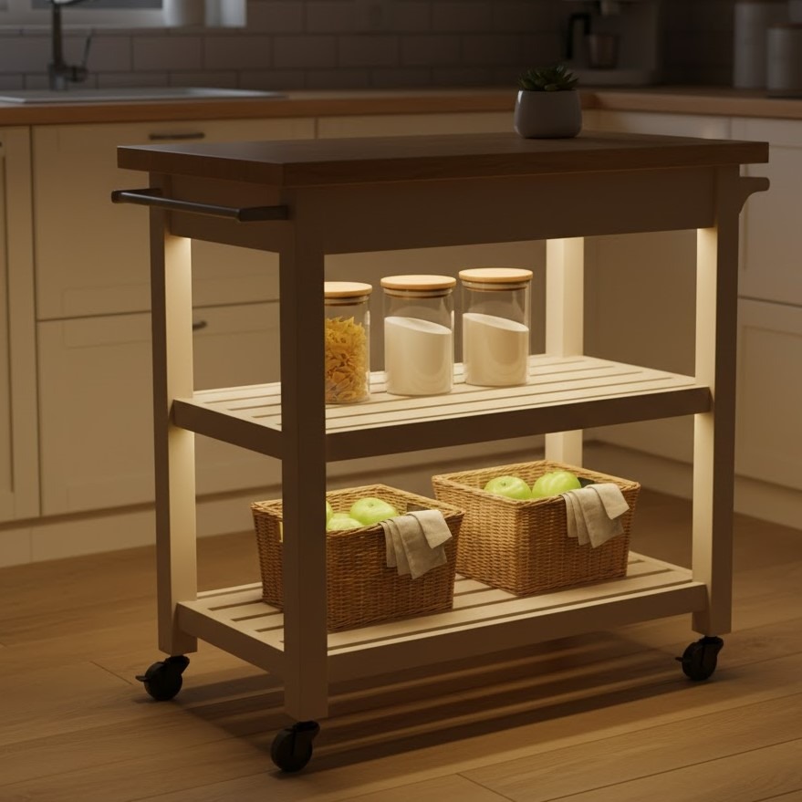 Kitchen cart softly lit with warm under-shelf lights highlighting jars and woven baskets.