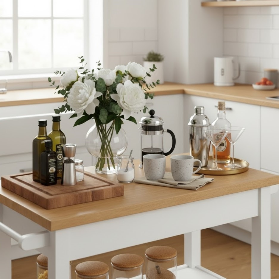 Kitchen cart countertop decorated with coffee mugs, bottles, and vase of white flowers for elegant styling.