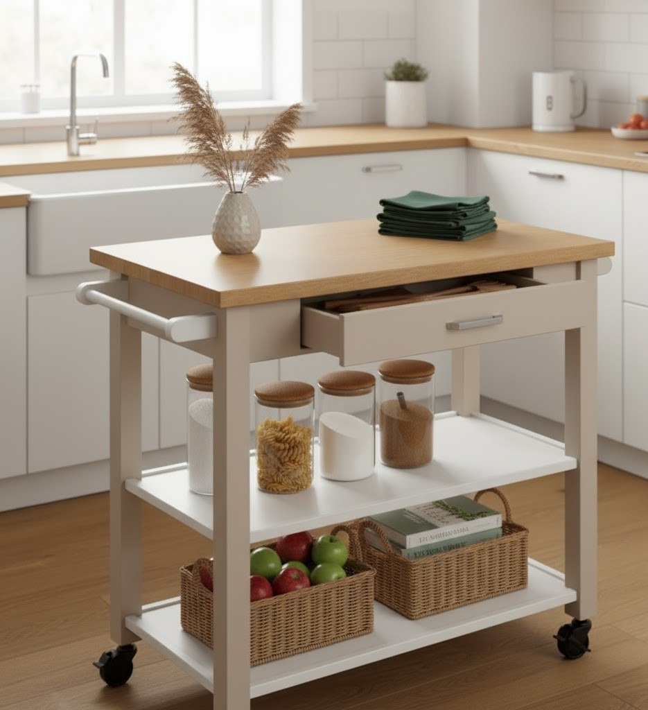 White kitchen cart with wooden top, neutral accents, and green folded linens adding a subtle pop of color.