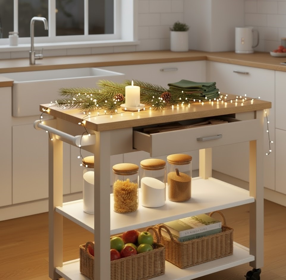 Festive kitchen cart decorated with pine branches, candle, and fairy lights for a holiday look