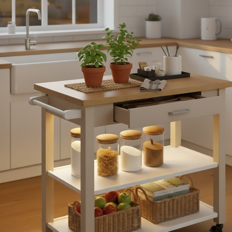 Kitchen cart with wooden top, potted herbs, lighting, and storage jars in a bright modern kitchen.