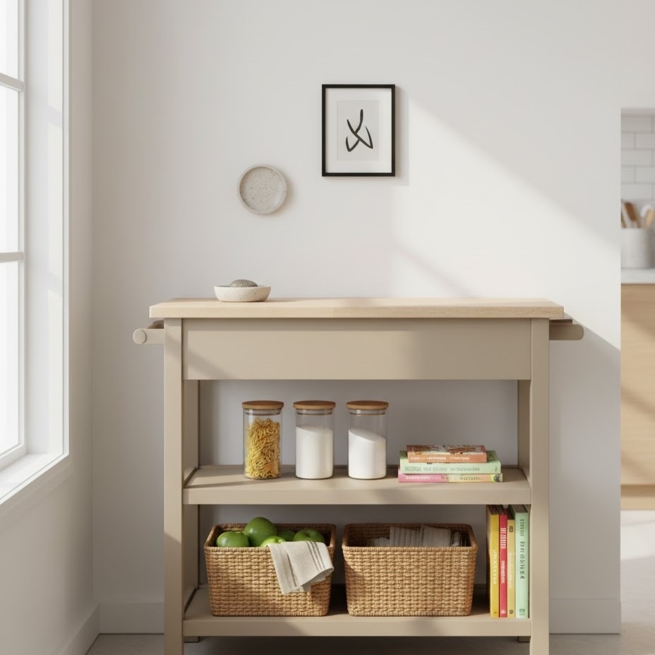 Minimalist beige kitchen cart with decorative wall art, jars, and neatly arranged baskets.
