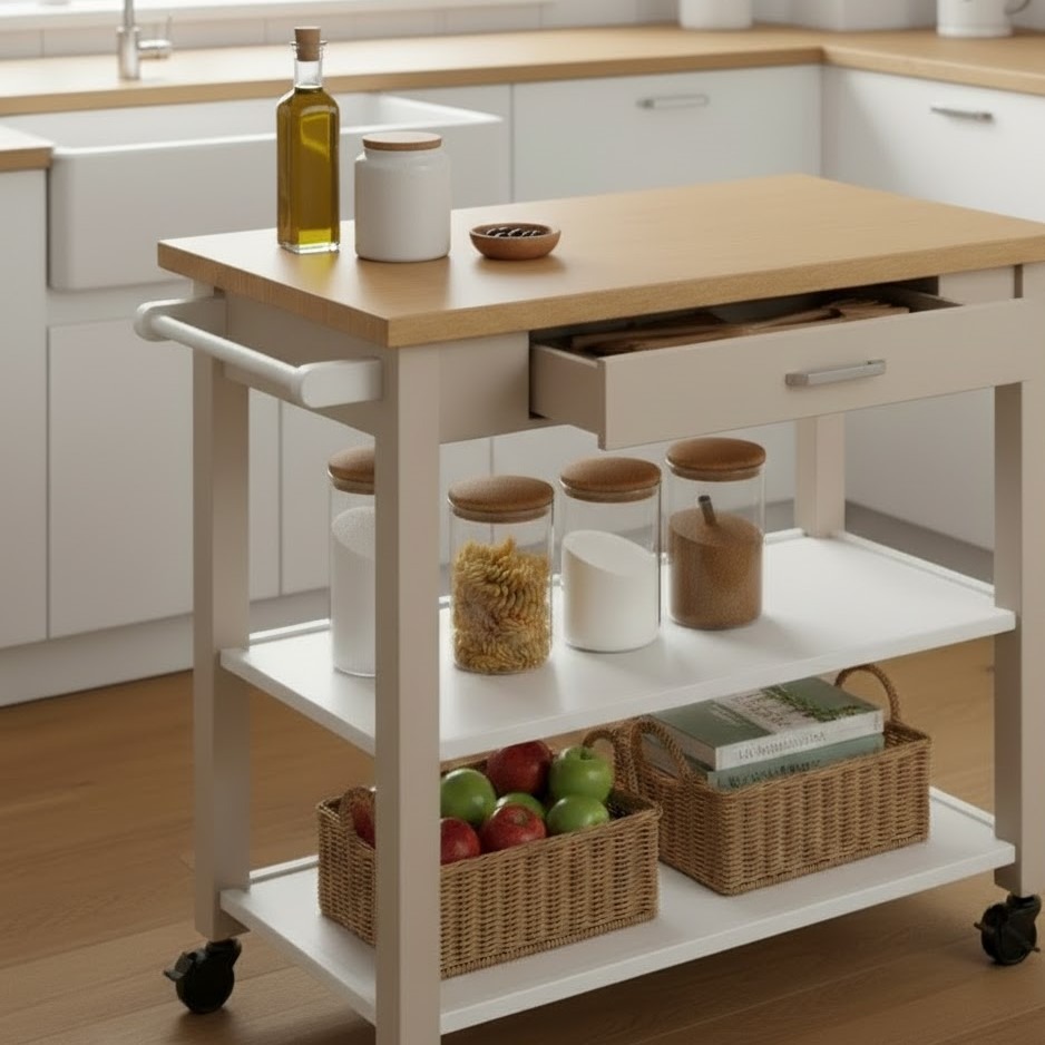 Minimal white kitchen cart with oil bottle, jars, and woven baskets arranged neatly on shelves.