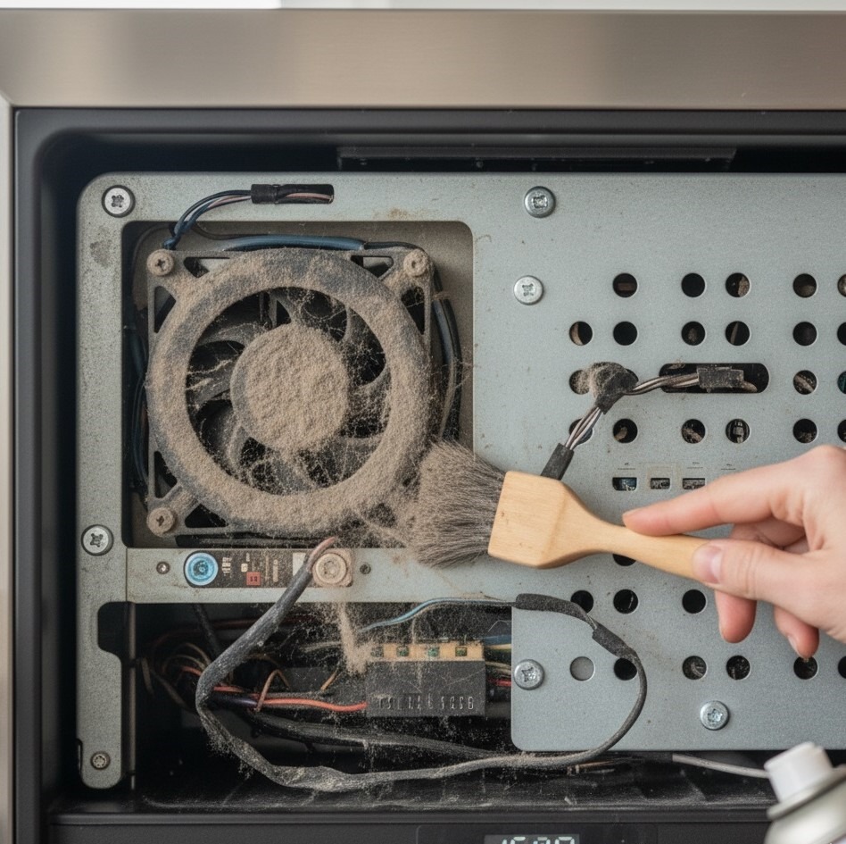 Dusty fan inside wine cooler being cleaned with soft brush