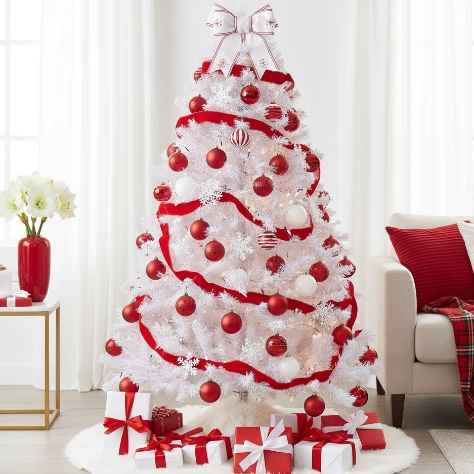 White Christmas tree with red ornaments, ribbons, and wrapped gifts in bright festive living room