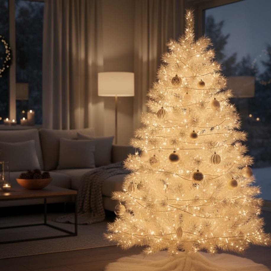 Warmly lit white Christmas tree glowing in cozy living room