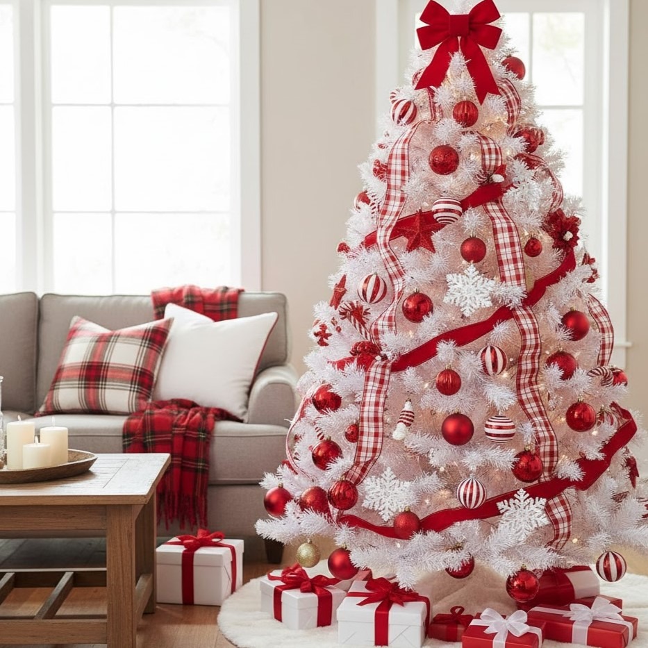 White Christmas tree decorated with plaid ribbons, red baubles, and snowflake ornaments near sofa