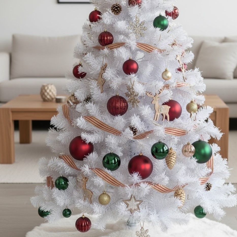 White Christmas tree with red and green ornaments and rustic wooden decorations