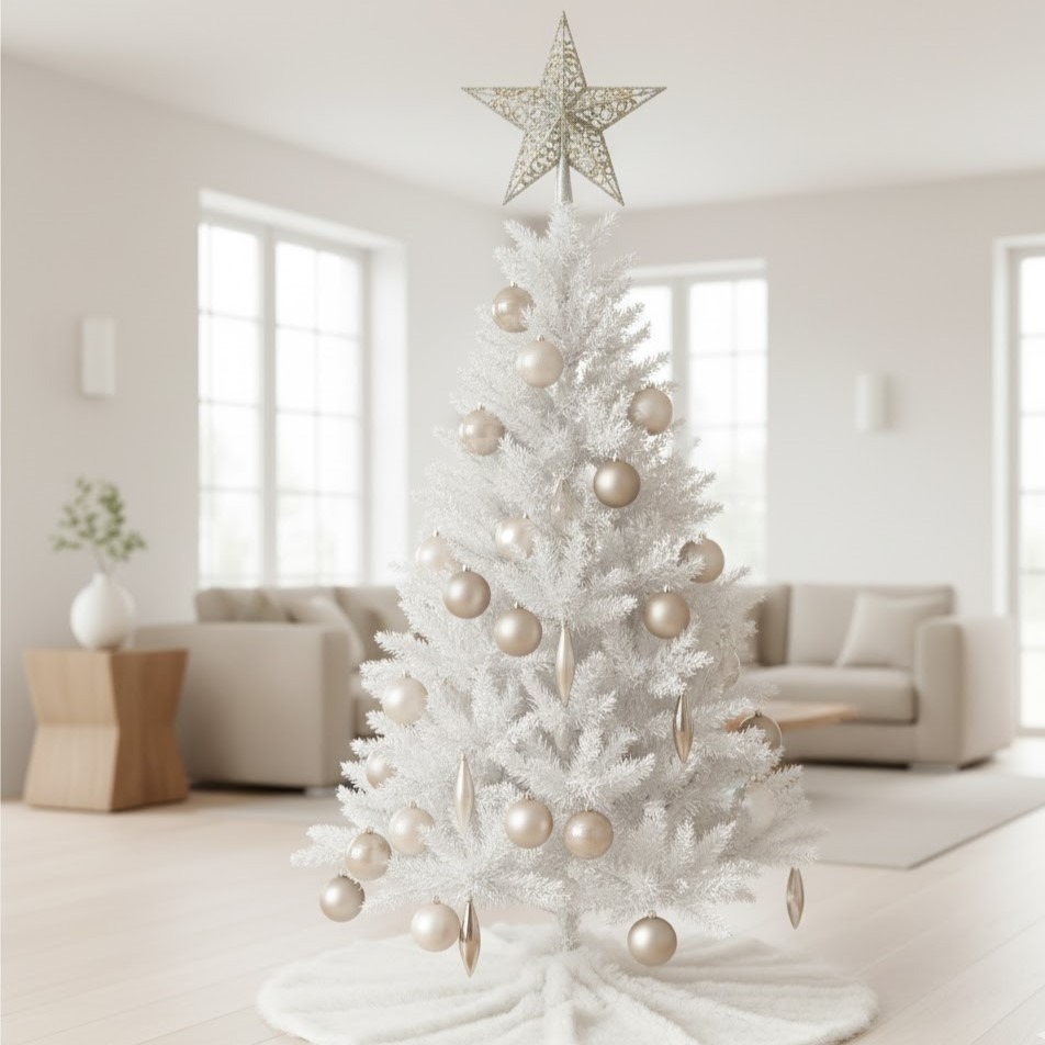White Christmas tree with gold ornaments and star topper in bright room