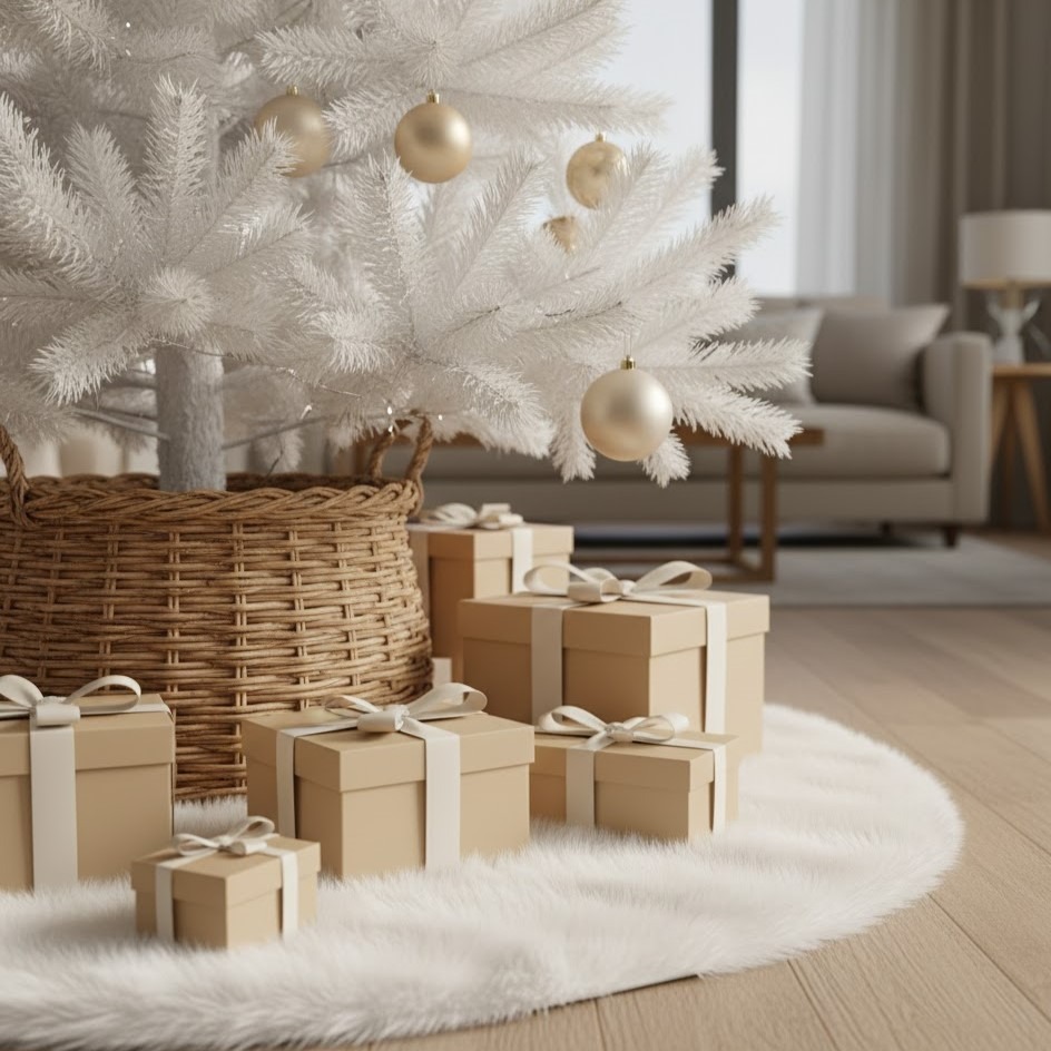 White Christmas tree base with wicker basket and wrapped beige gifts