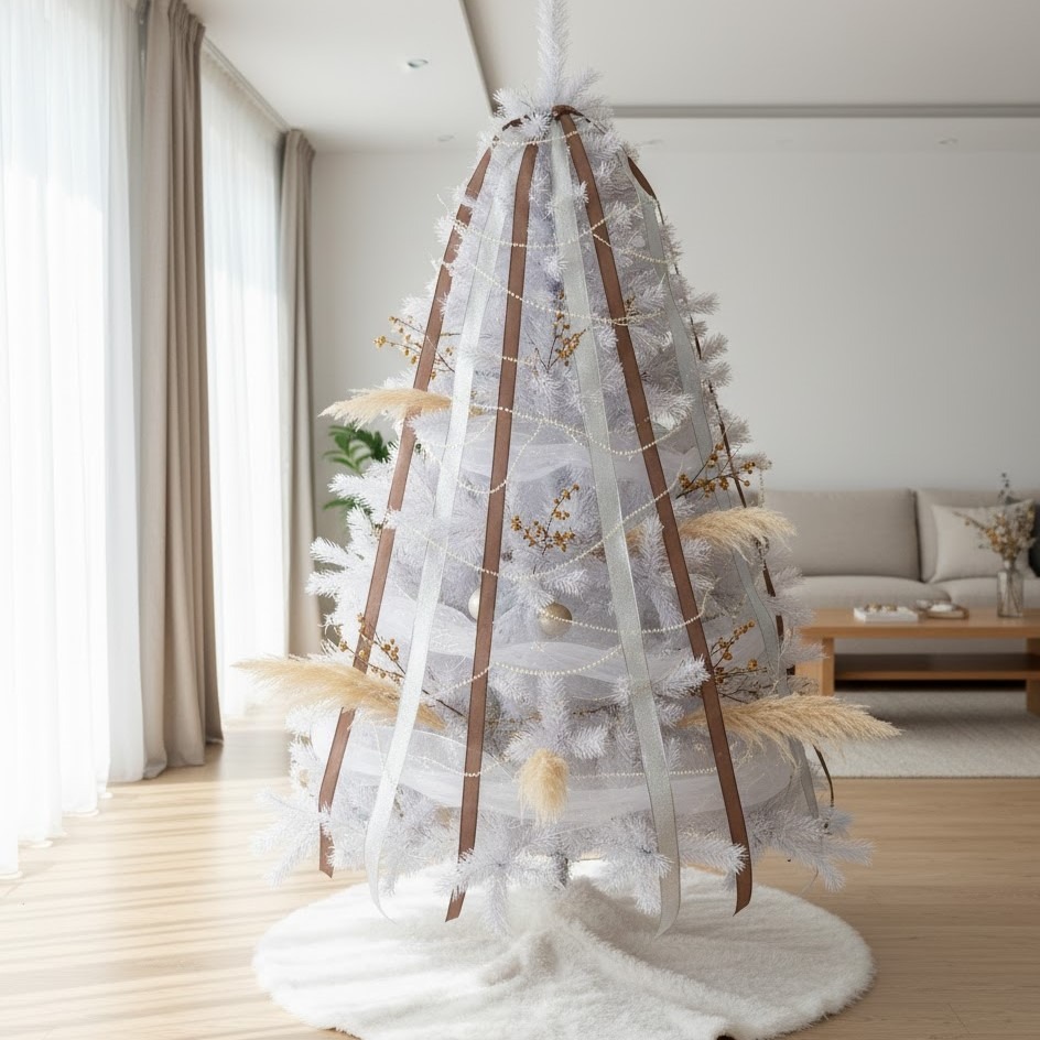 White Christmas tree decorated with vertical ribbons and pampas grass accents