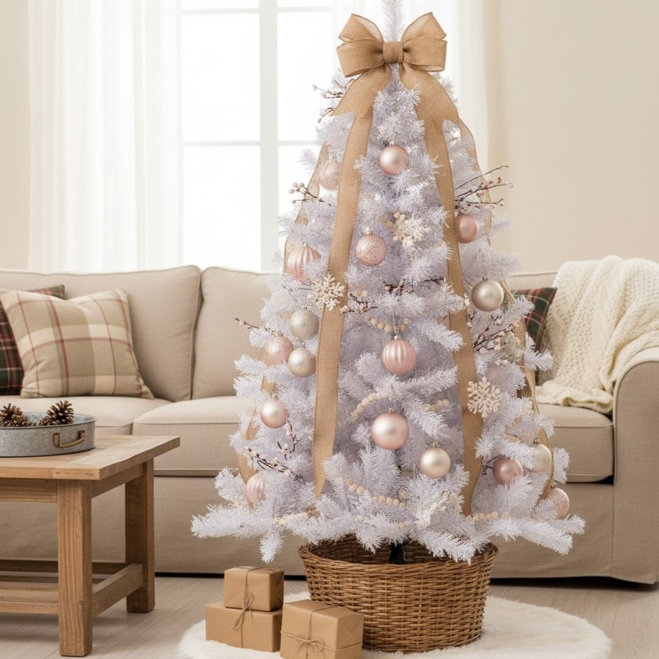 White Christmas tree with gold and pastel ornaments in bright modern living room