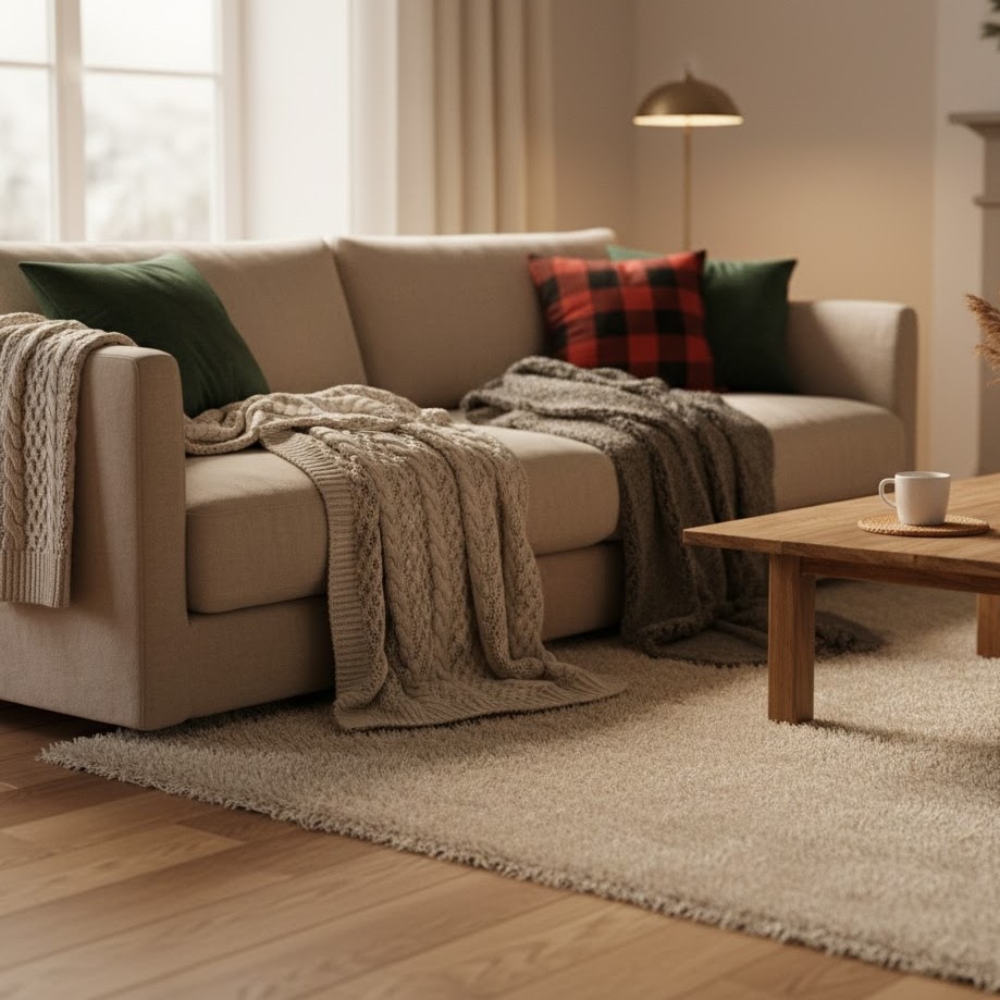 Living room with beige sofa, plaid cushion, and knitted throws adding cozy layered texture.