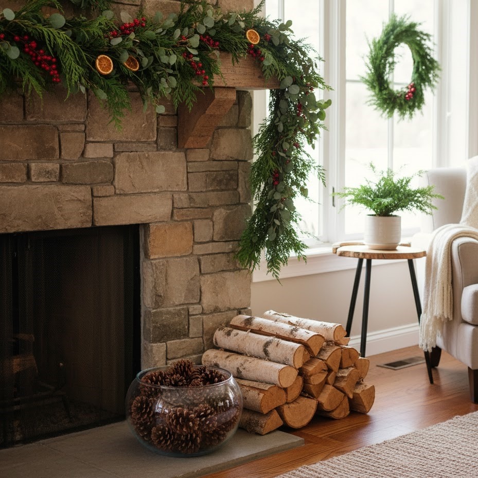 Fireplace decorated with evergreen garland, pinecones, and a wreath on the nearby window.