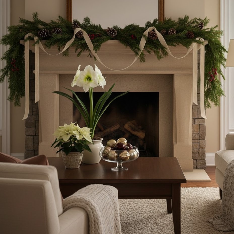 Fireplace mantel decorated with pine garland, ribbons, pinecones, and holiday ornaments.
