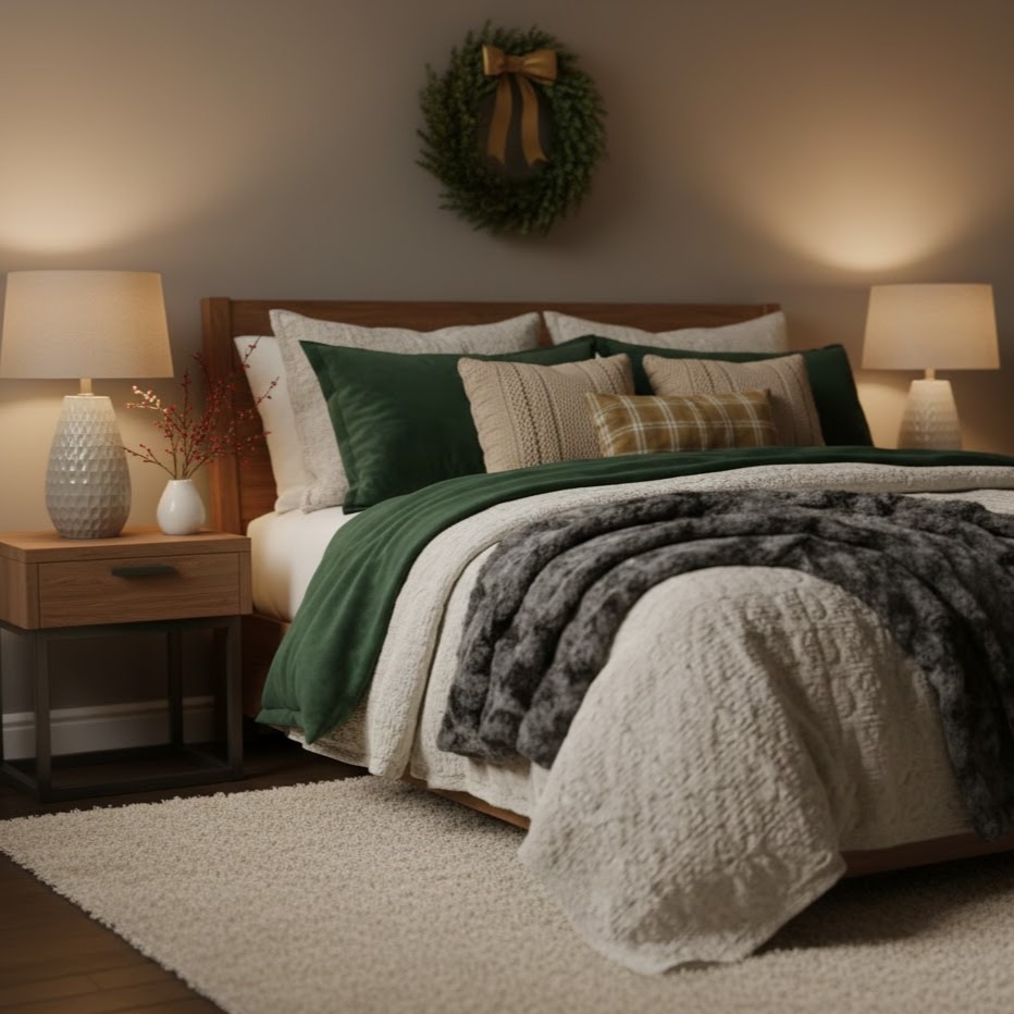 Cozy bedroom with layered bedding, green pillows, soft lighting, and a wreath above the headboard.