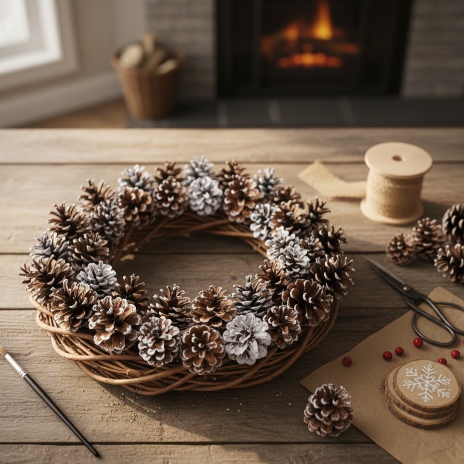 Handmade pinecone wreath on wooden table with twine, scissors, and craft tools.