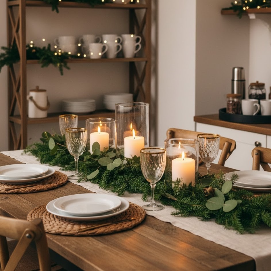 Warm dining room with candles, greenery centerpiece, and festive table setting.