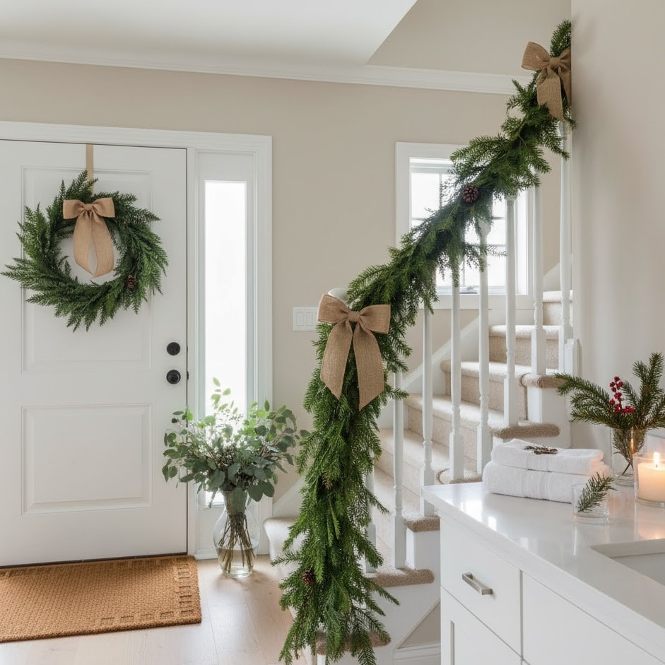 Entryway with garland-wrapped staircase, wreath on door, and soft natural lighting.