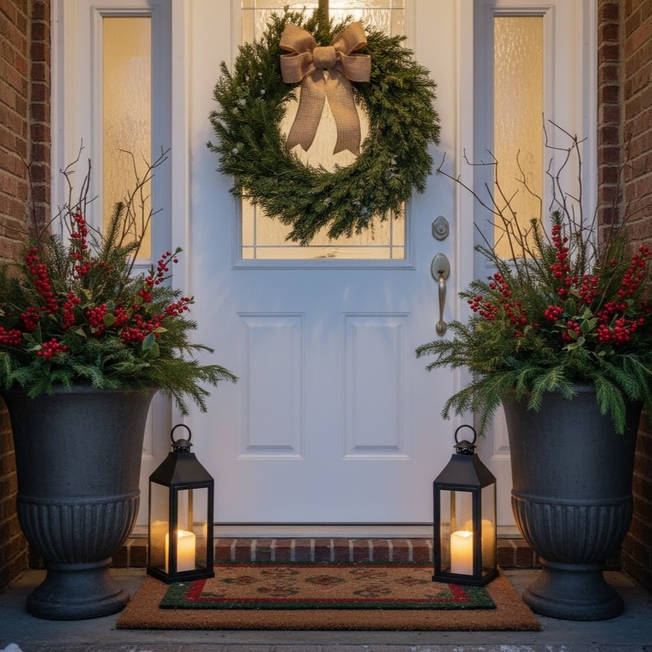 Front door with wreath, planters of greenery and berries, and lanterns glowing warmly.