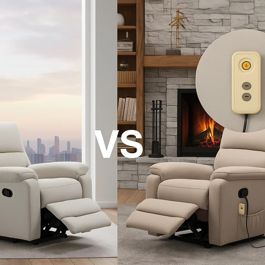 Man using manual lever recliner beside woman operating power recliner with remote.