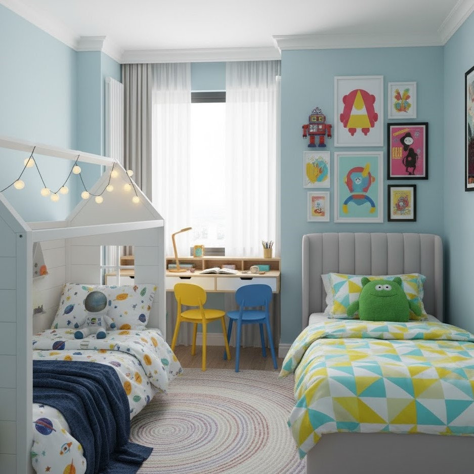 Colorful kids’ room with geometric bedding, toy decor, and study desk.