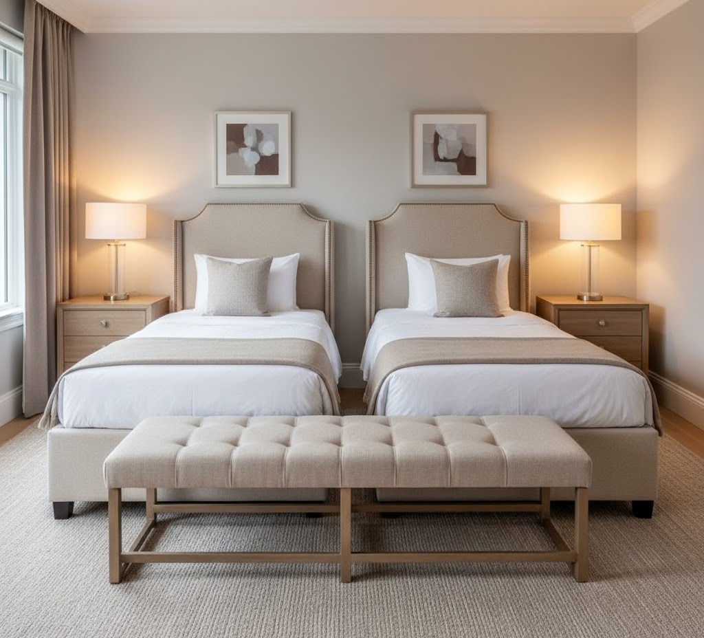 Elegant guest room with beige twin beds, tufted bench, and matching lamps.