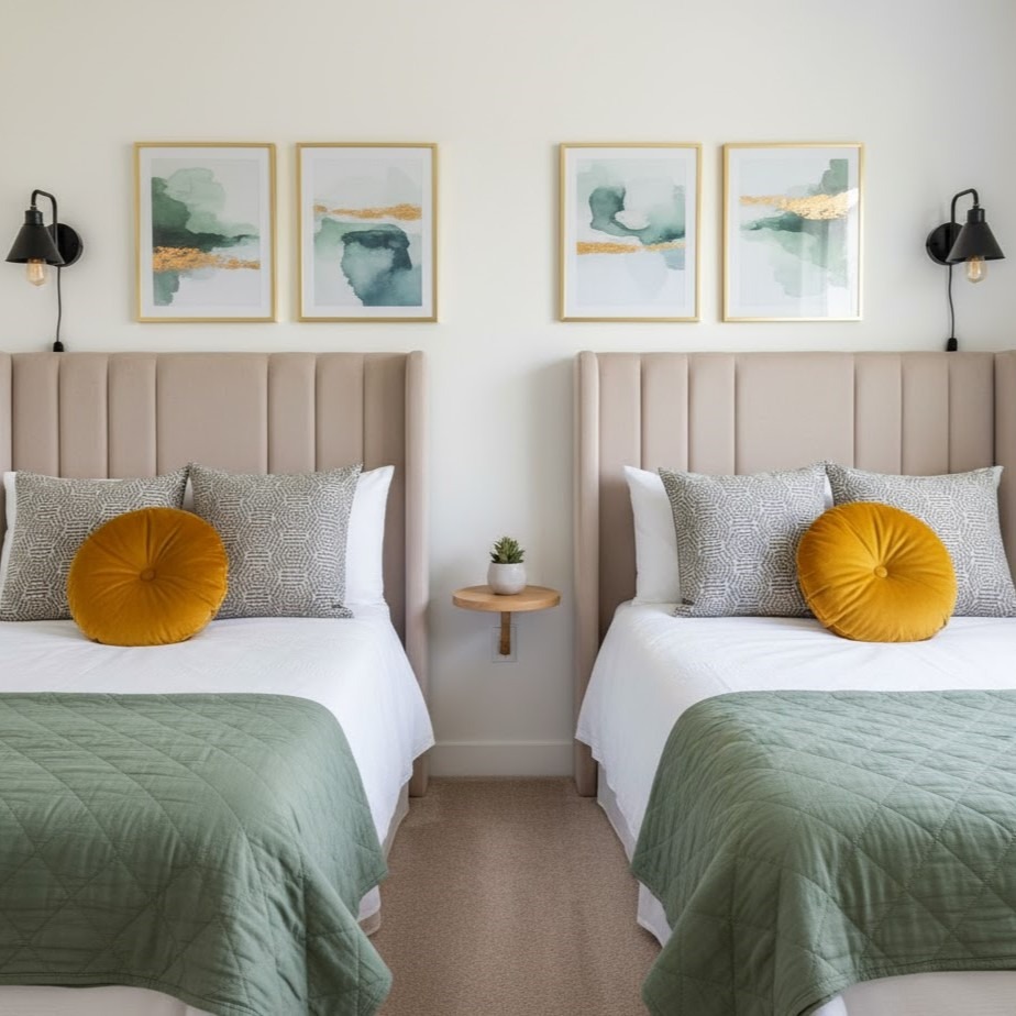 Symmetrical twin beds with green quilts, yellow pillows, and framed artwork above.