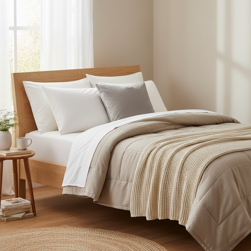 Cozy twin bed with layered beige bedding, knit throw, and soft natural light.