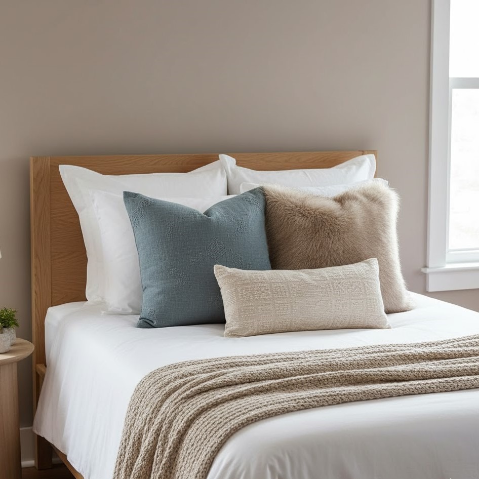 Twin bed styled with fluffy neutral pillows and textured beige blanket.