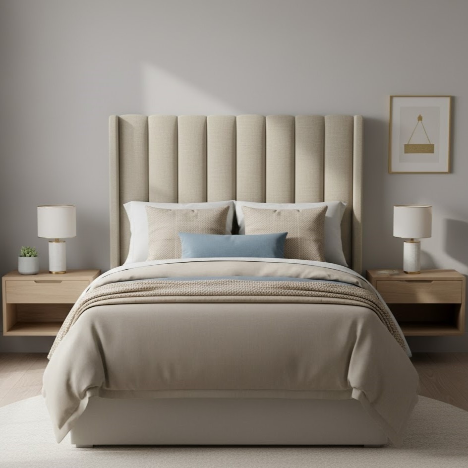Twin bed with tall upholstered beige headboard and matching nightstands.