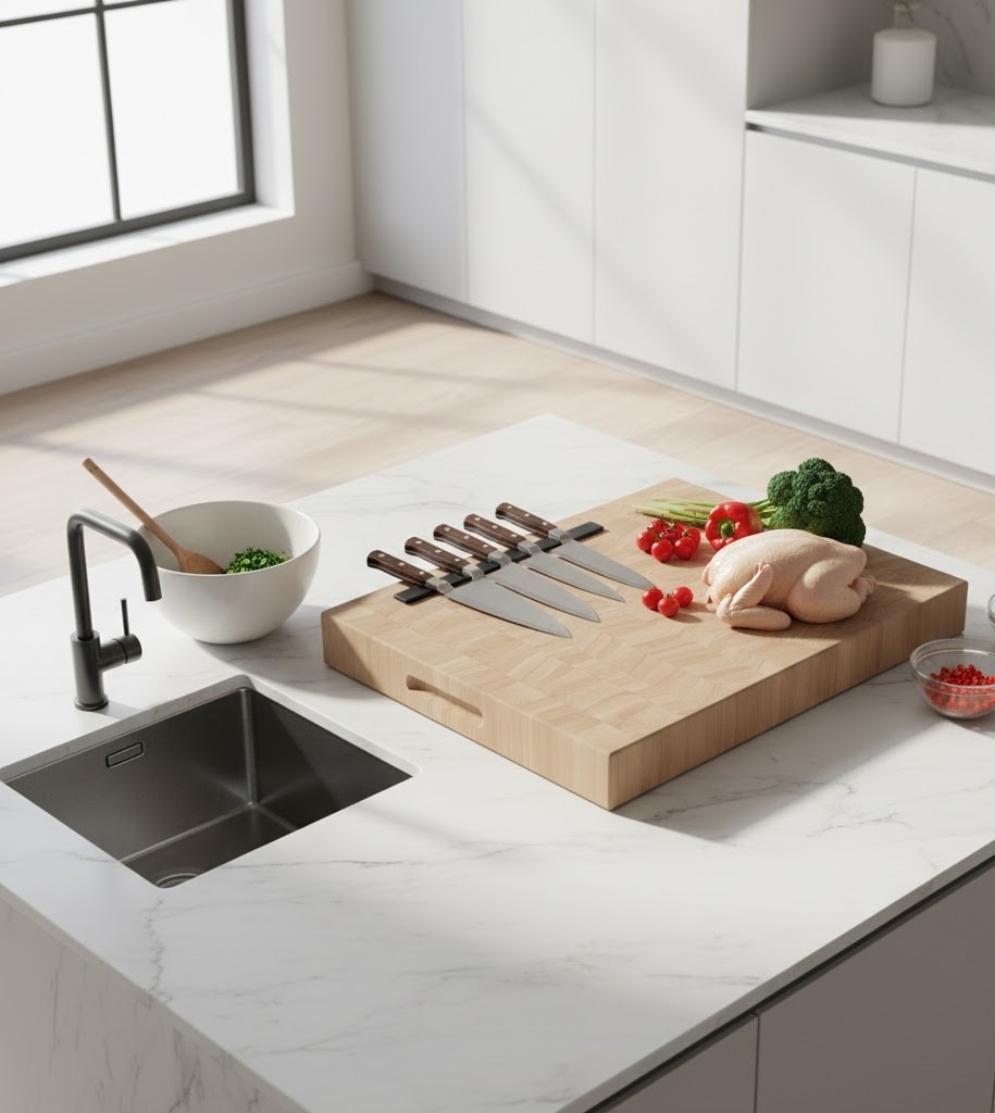 Kitchen island with wooden cutting board, knives, and fresh vegetables ready for meal preparation.