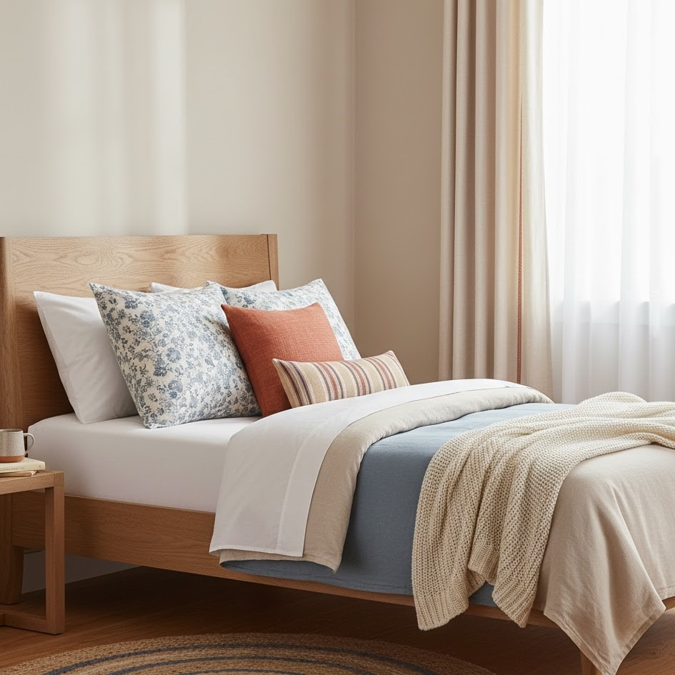 Twin bed styled with blue floral and striped pillows in warm hues.