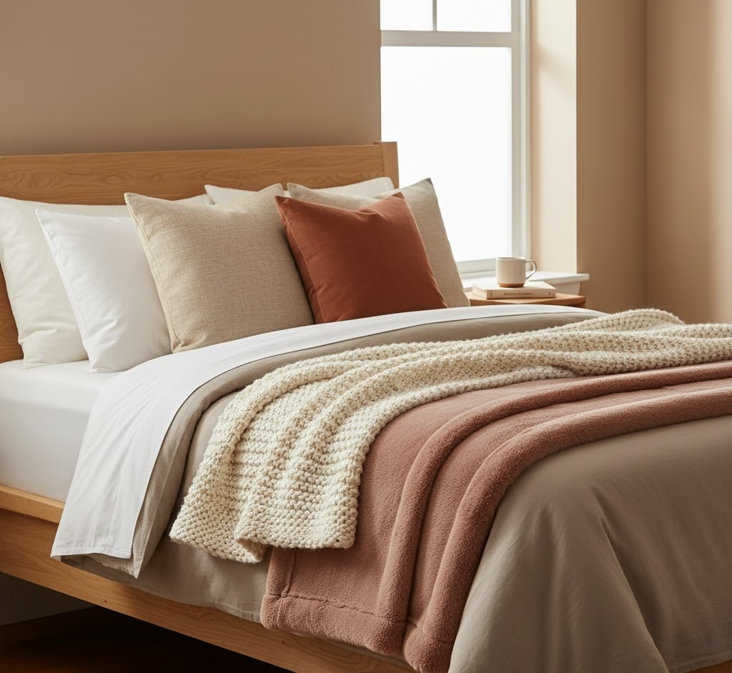 Warm-toned twin bed featuring layered blankets and rust accent pillow.