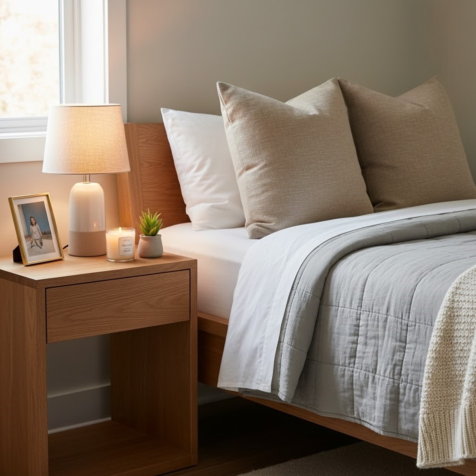 Bedside table with lamp, photo frame, candle, and soft gray bedding.