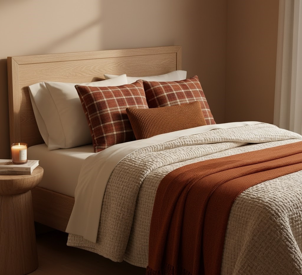 Cozy twin bed with plaid pillows and burnt orange blanket for fall.