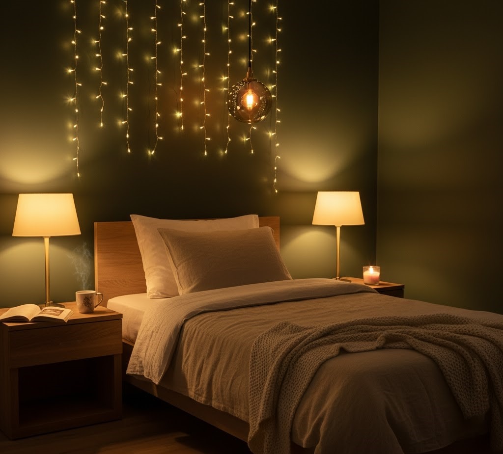 Twin bed illuminated by warm lamps and fairy lights on green wall.