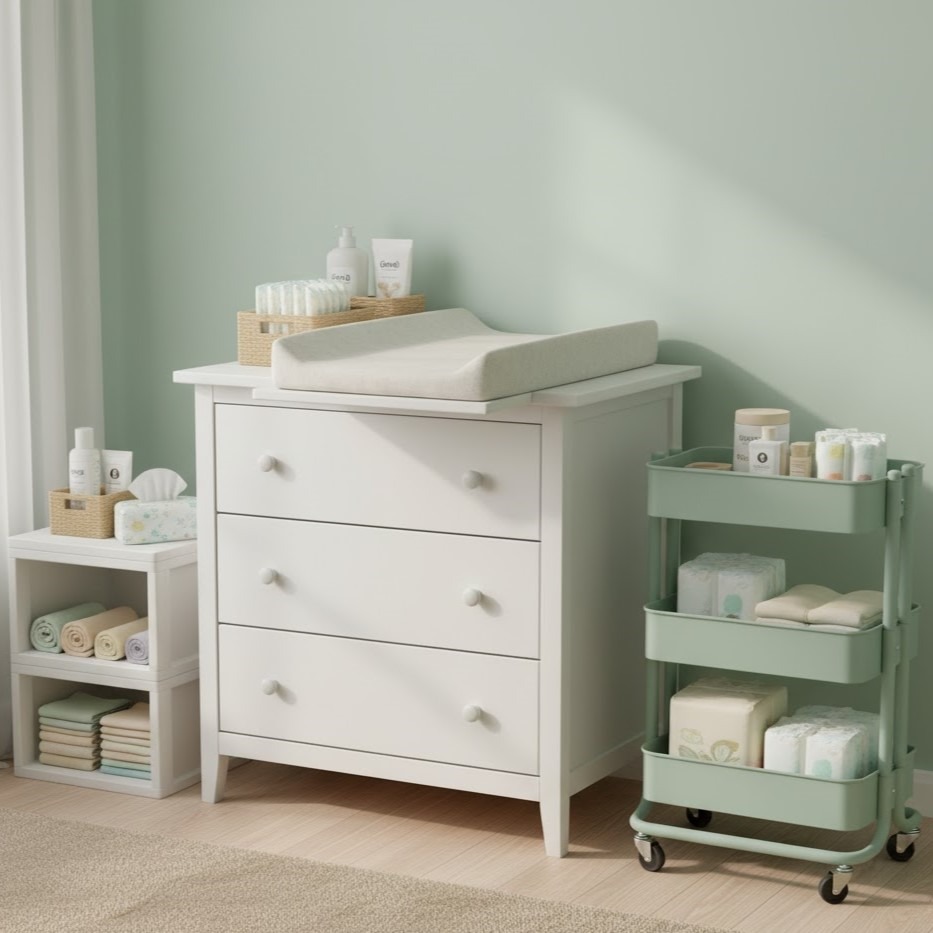 White dresser changing table with rolling diaper storage cart