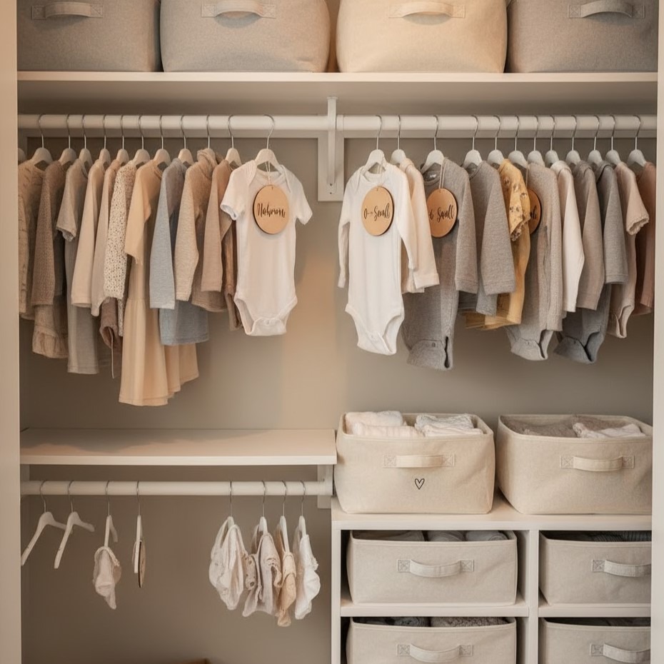 Neatly organized baby closet with labeled clothes and storage bins