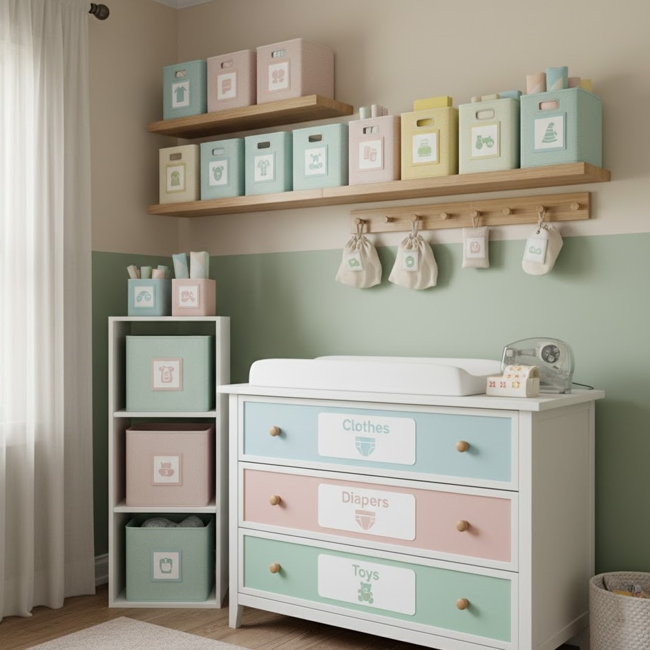 Color-coded nursery storage bins labeled for baby clothes and toys