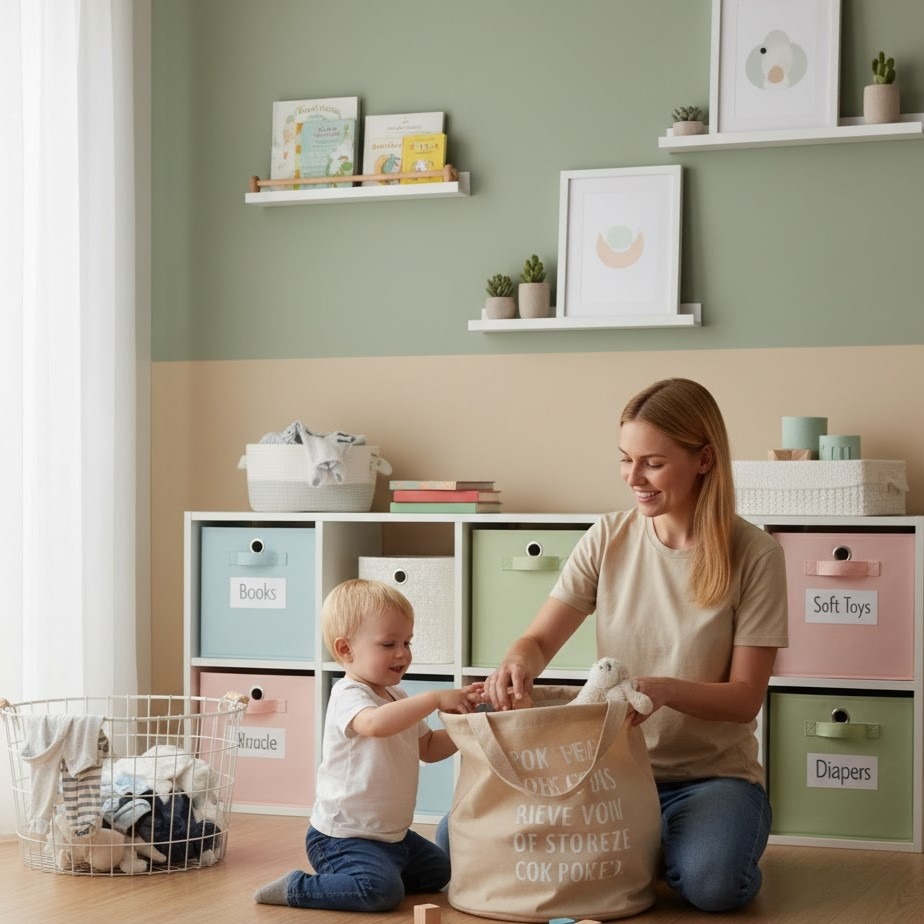 Mother and toddler cleaning toys in organized pastel nursery