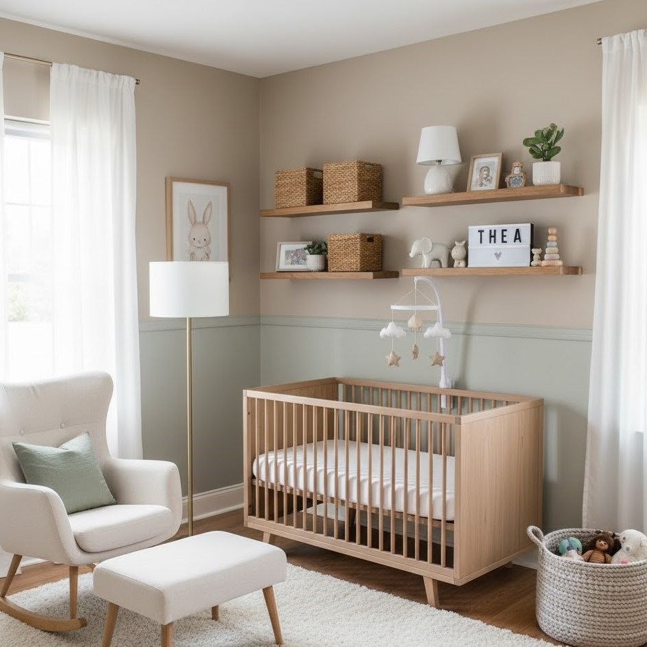 Cozy nursery with wooden crib, wicker baskets, and shelves