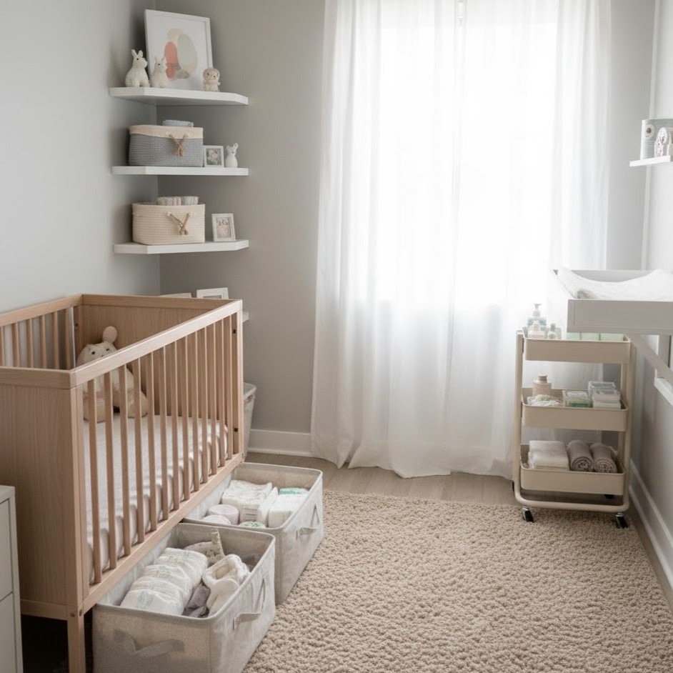 Compact nursery with crib, rolling cart, and wall shelves